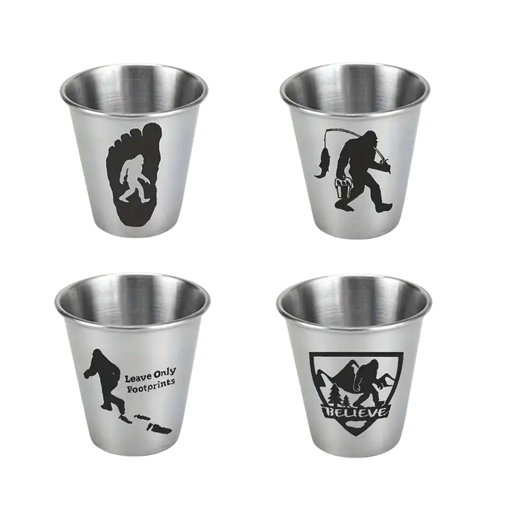 🆕 4pcs, Stainless Steel Shot Cups with Sasquatch Bigfoot Designs -2oz Capacity